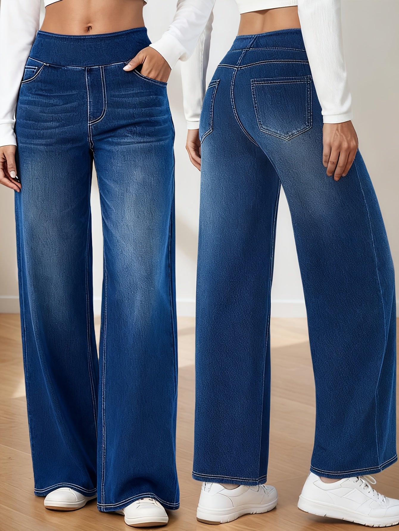 Women's High-Waist Wide Leg Jeans - Light Blue Vintage Wash detail view