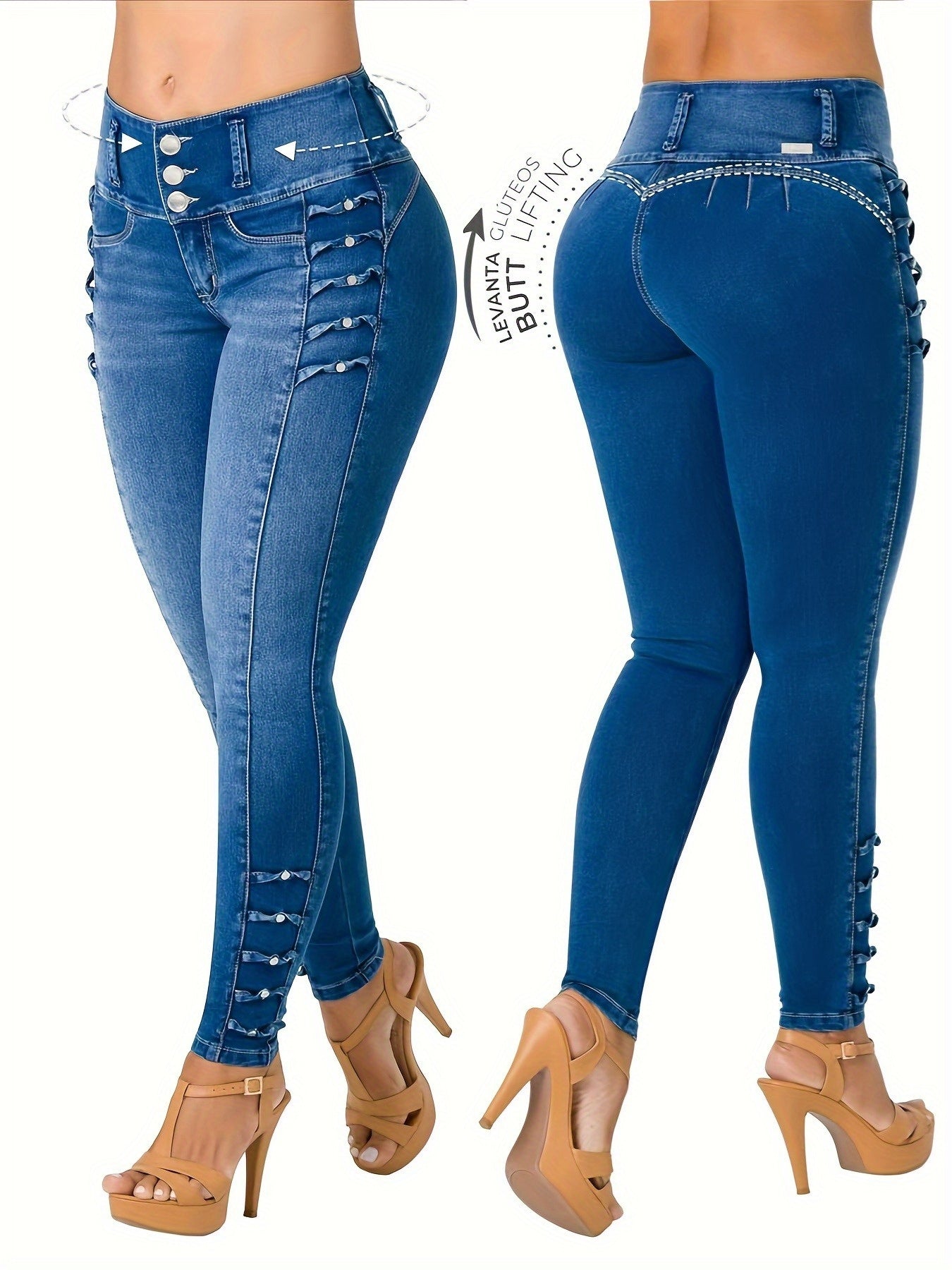 Women's Jeans - Medium Blue Button Detail – Sizes S–XXL detail view