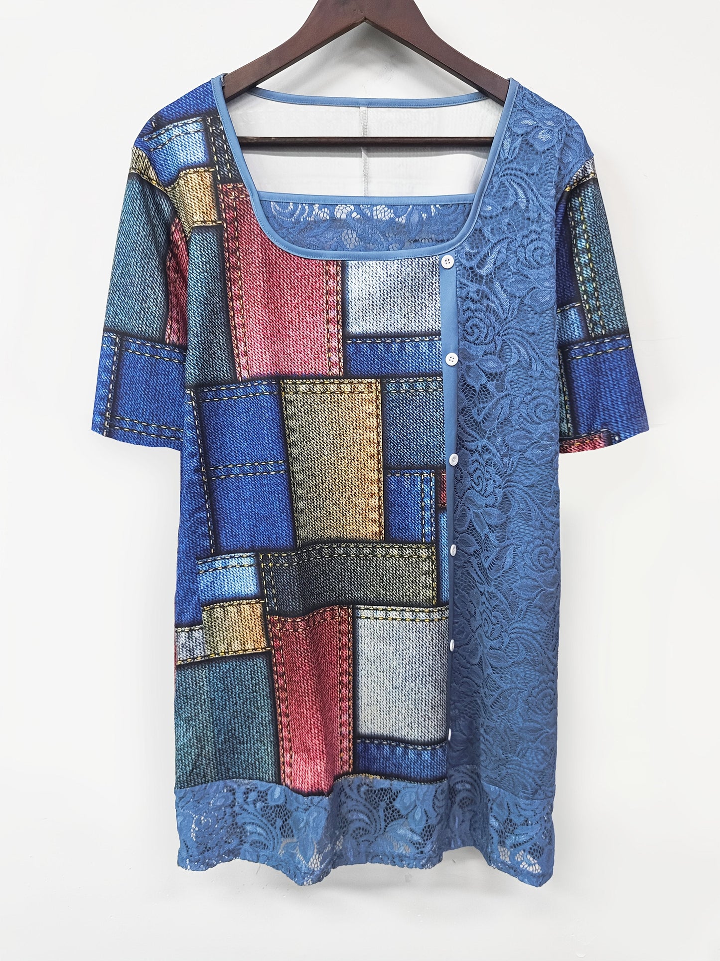 Women's Lace Blouse - Lace Detail – Blue – view 3