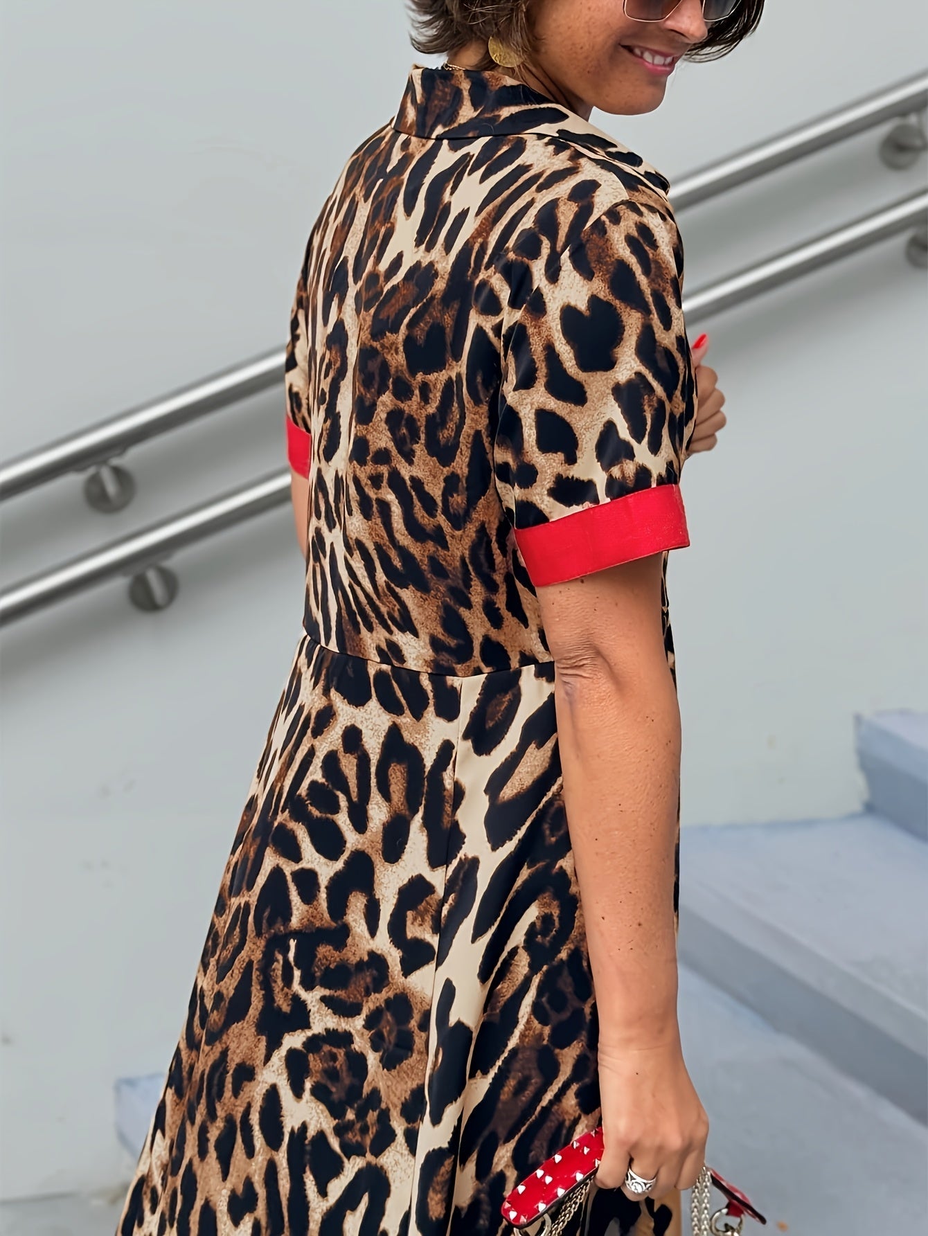 Women's Leopard Print Collared Maxi A-Line Dress - Button Front detail view