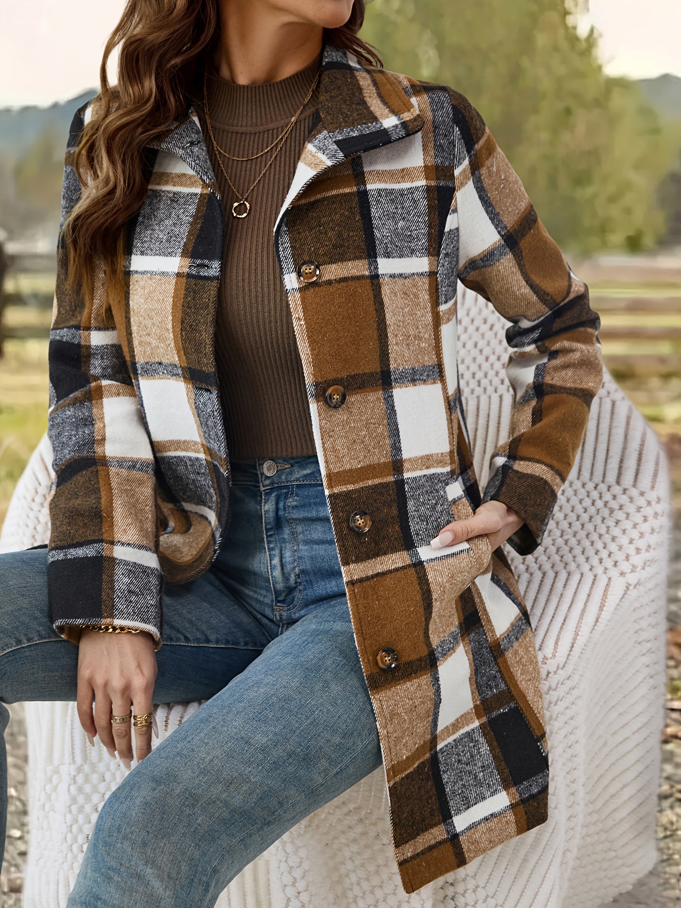 Women's Long Plaid Coat - Single-Breasted Lapel detail view