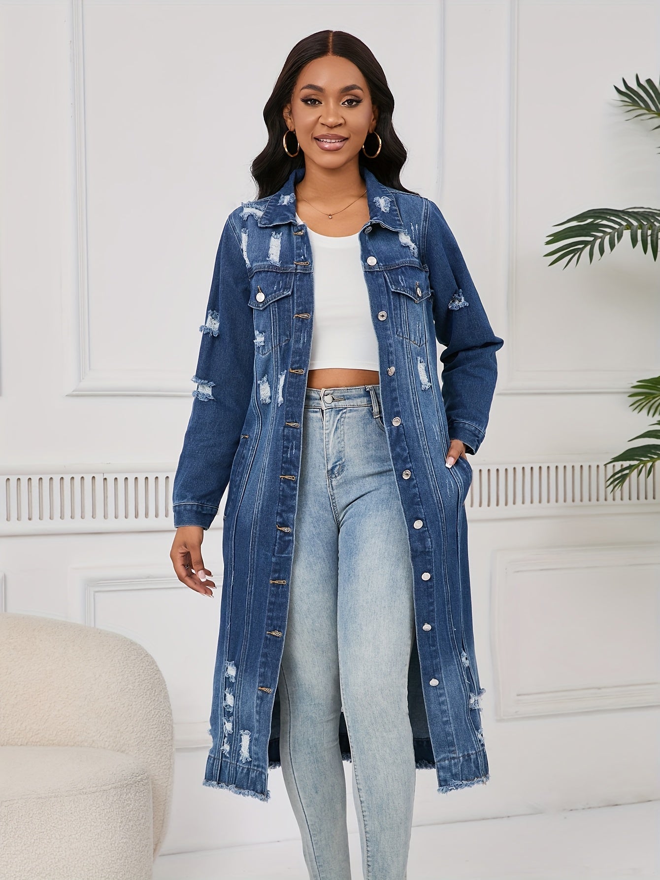 Women's Long Ripped Denim Jacket - Washed Pocket Design – view 15