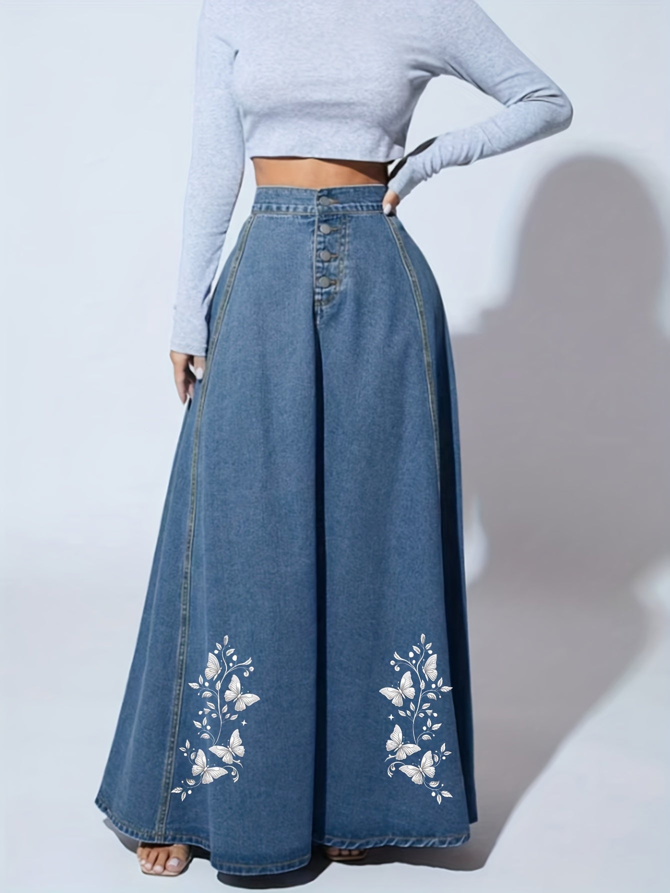 Women's Maxi Denim Skirt - Floral Print – view 9
