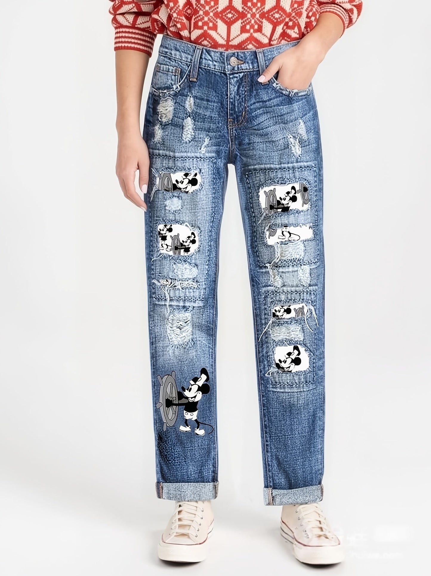 Women's Mid-Rise Jeans - Blue Distressed detail view