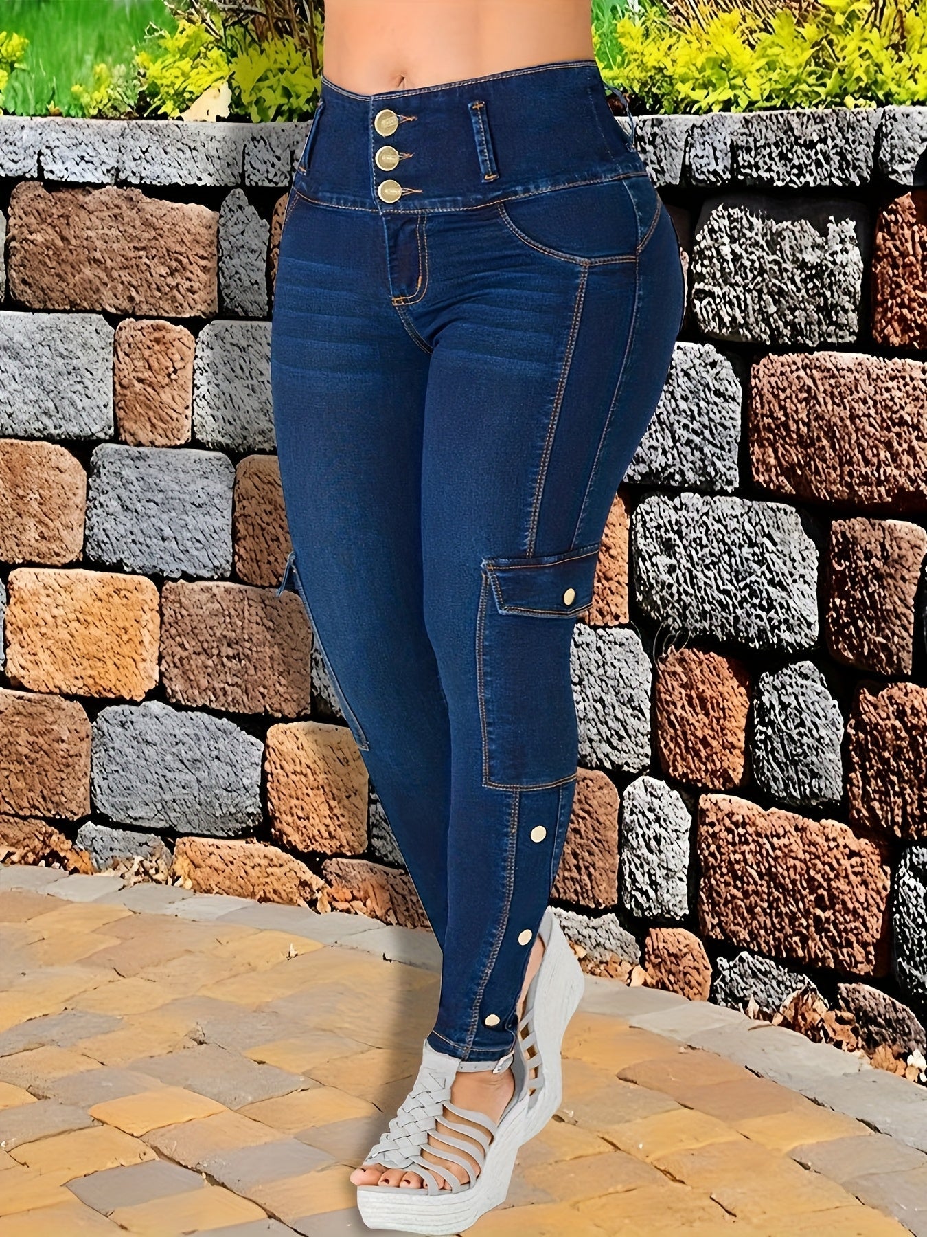 Women's Mid-Rise Skinny Jeans - Dark Blue Button Detail detail view