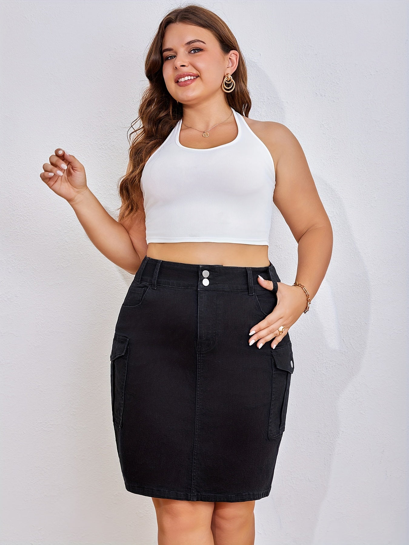 Women's Midi Denim Skirt - Button Front Black detail view