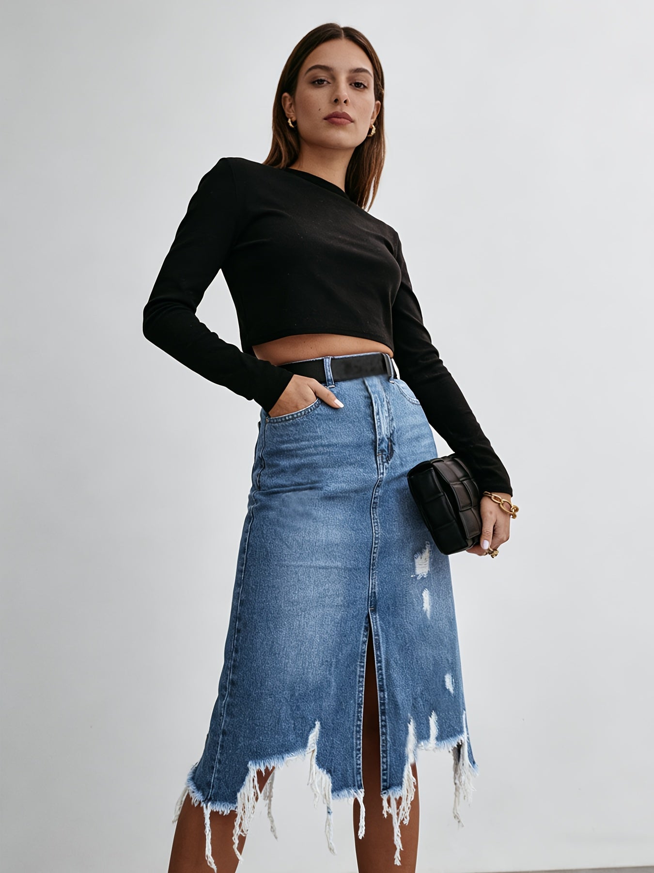 Women's Midi Denim Skirt - High-Waist Distressed – view 9