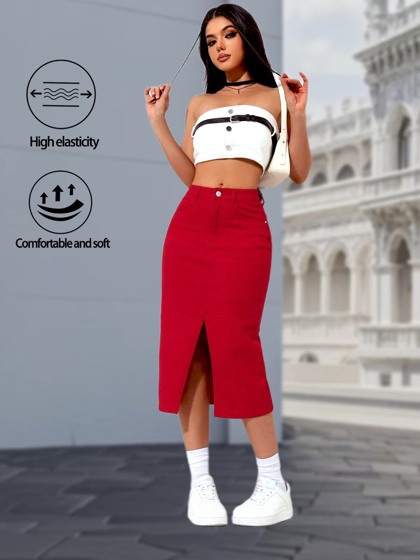 Women's Midi Denim Skirt - Mid-Rise Solid Color Red detail view