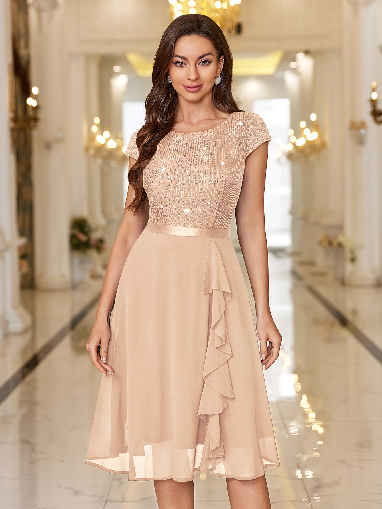 Women's Navy Color A-Line Dress - Ruffle detail view