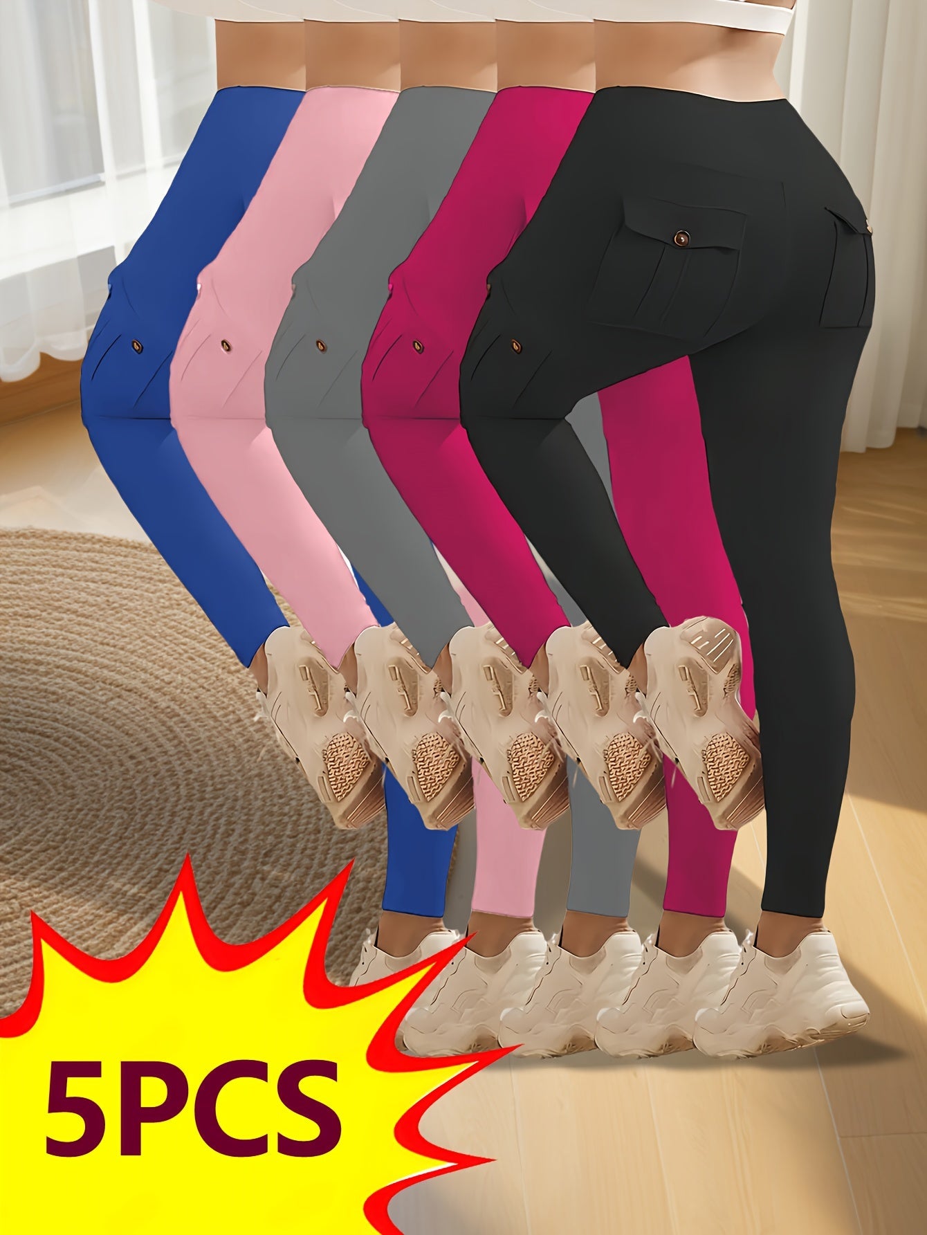 Women's Pants - High-Waist Fit – Black & Navy Blue & Pink & Gray & Red detail view