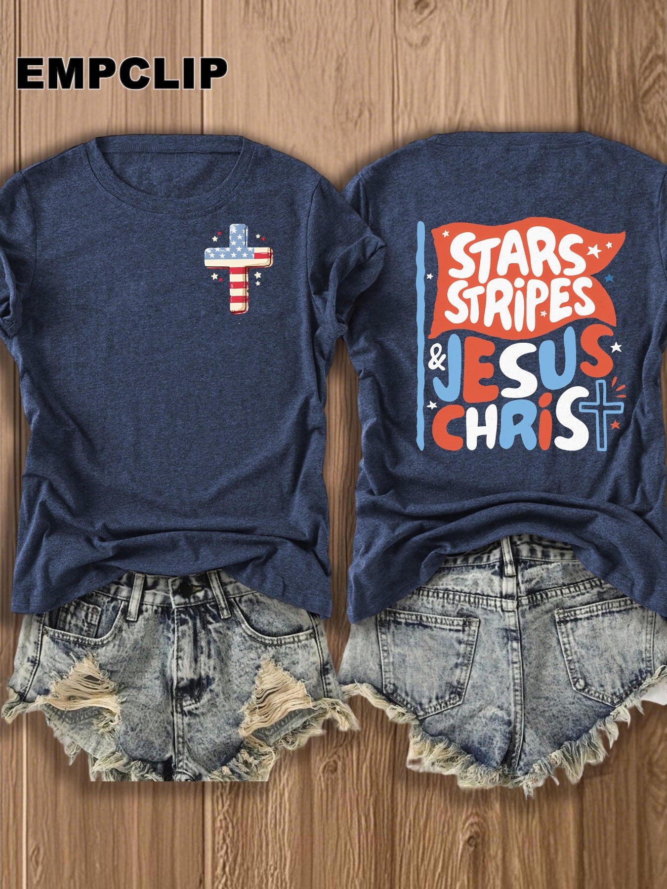 Women's Patriotic Graphic T-Shirt - Round Neck Short Sleeve – Navy Color detail view