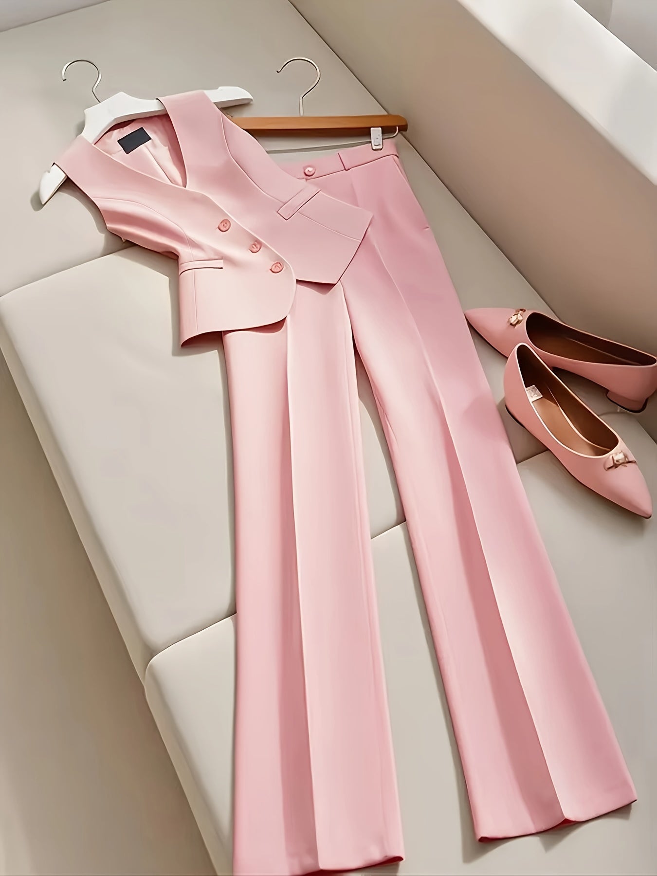 Women's Pink Sleeveless Vest & Wide-Leg Pants Suit Set detail view
