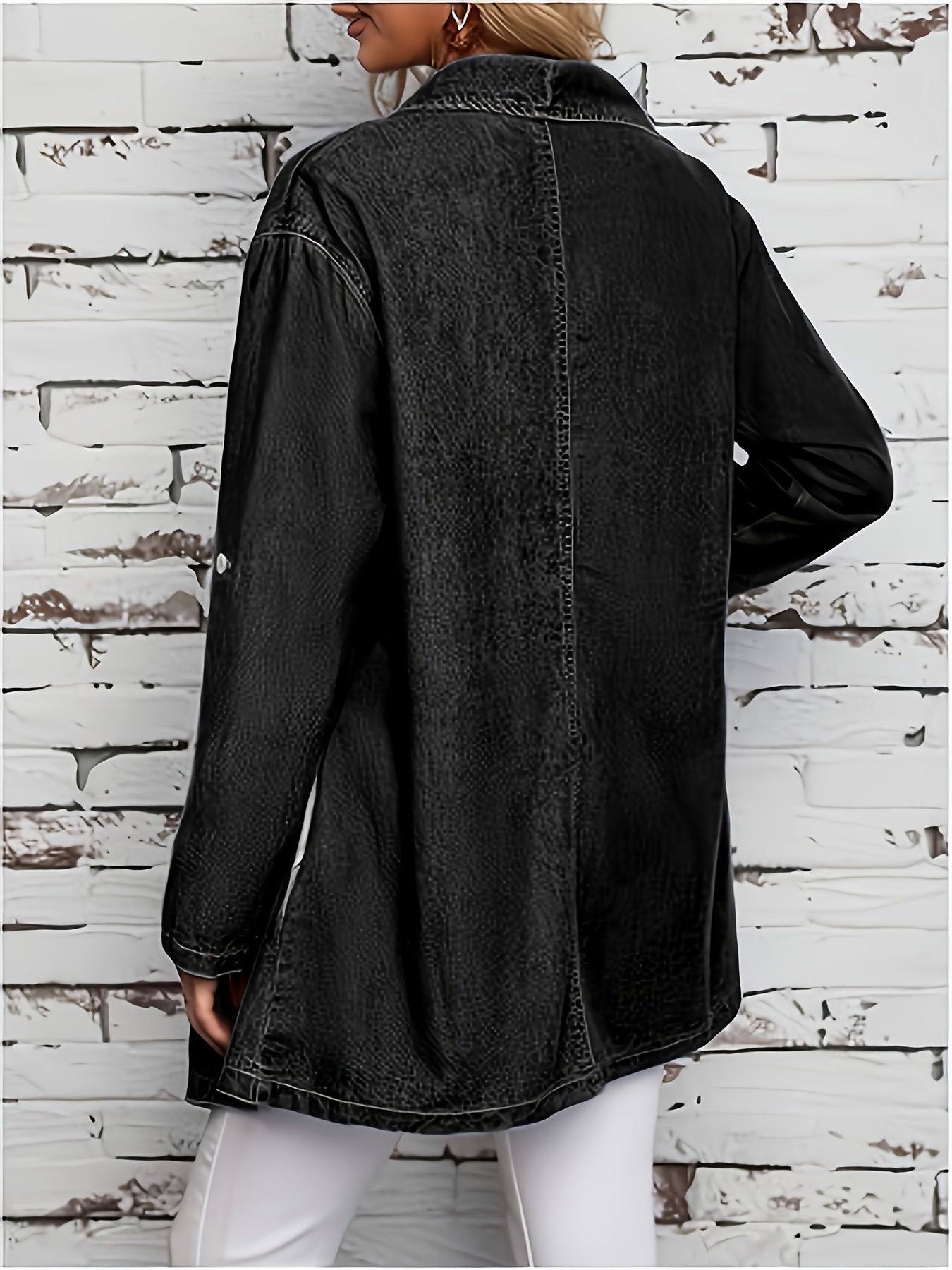 Women's Plus Size Denim Jacket - Roll-Tab Sleeves detail view