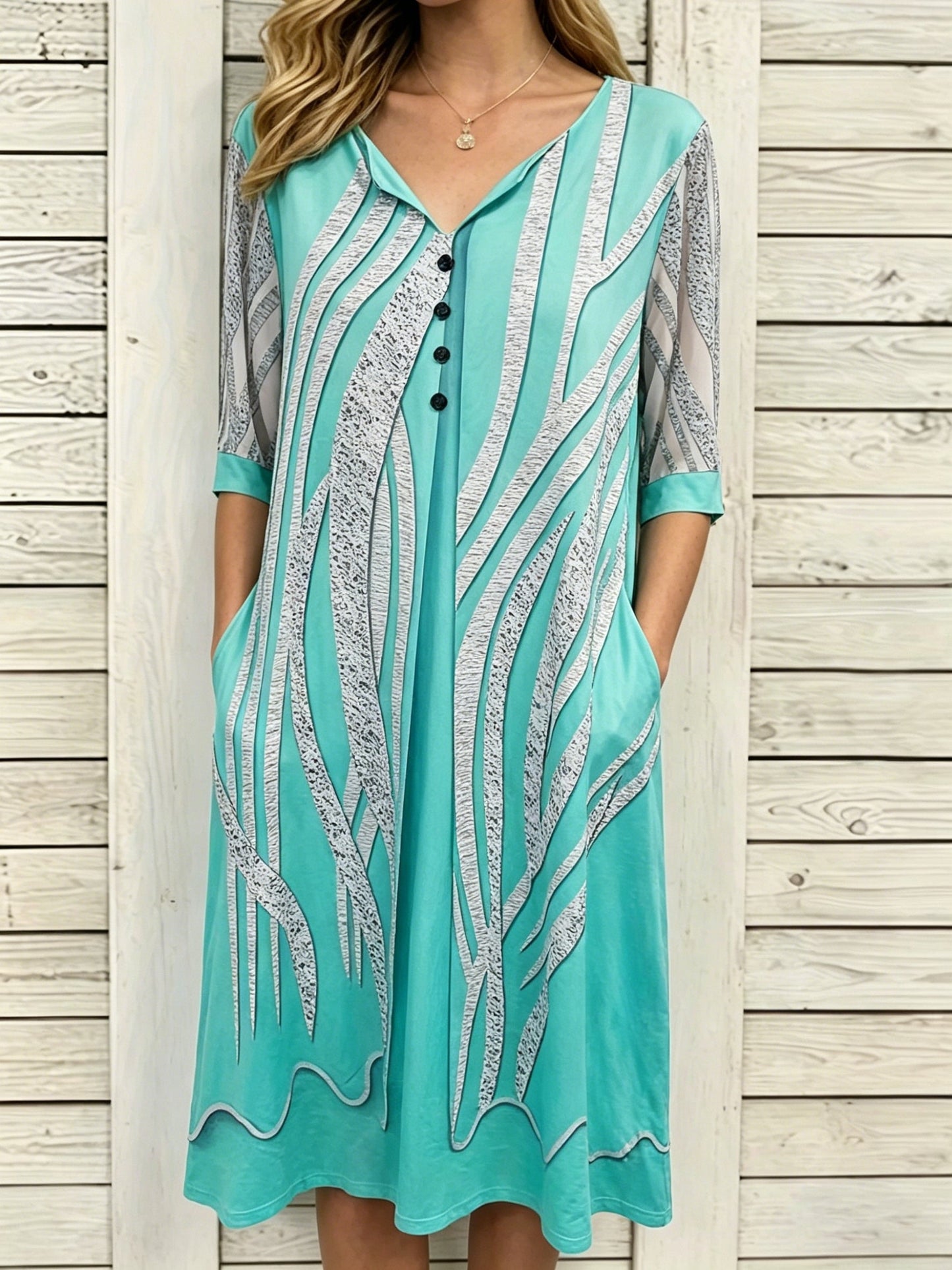 Women's Printed V-Neck Midi Dress - Button Front detail view