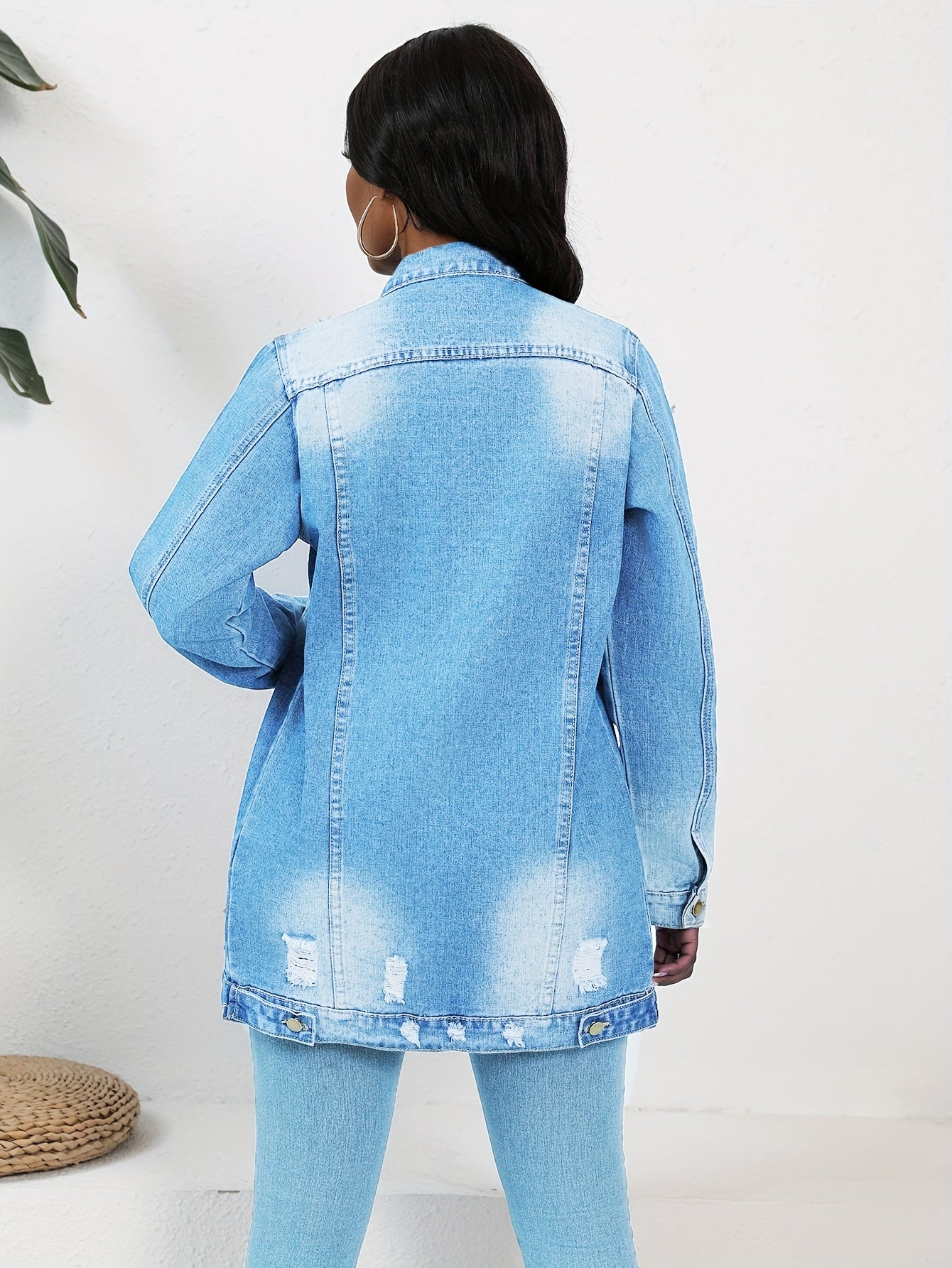 Women's Relaxed Denim Pullover Jacket – Deep Sky Blue / Light Blue detail view