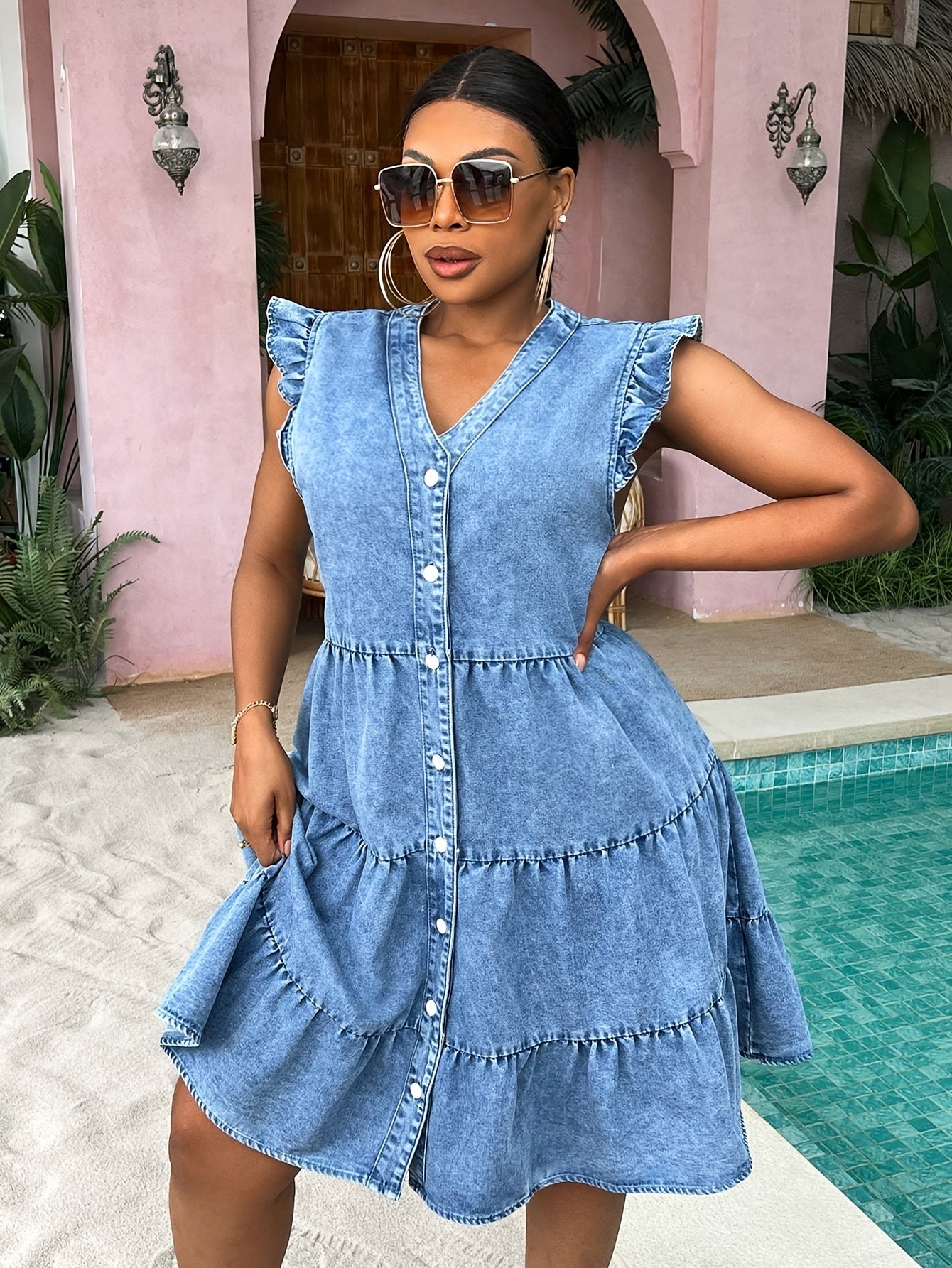 Women's Royal Blue V-Neck Casual Dress - Ruffle detail view