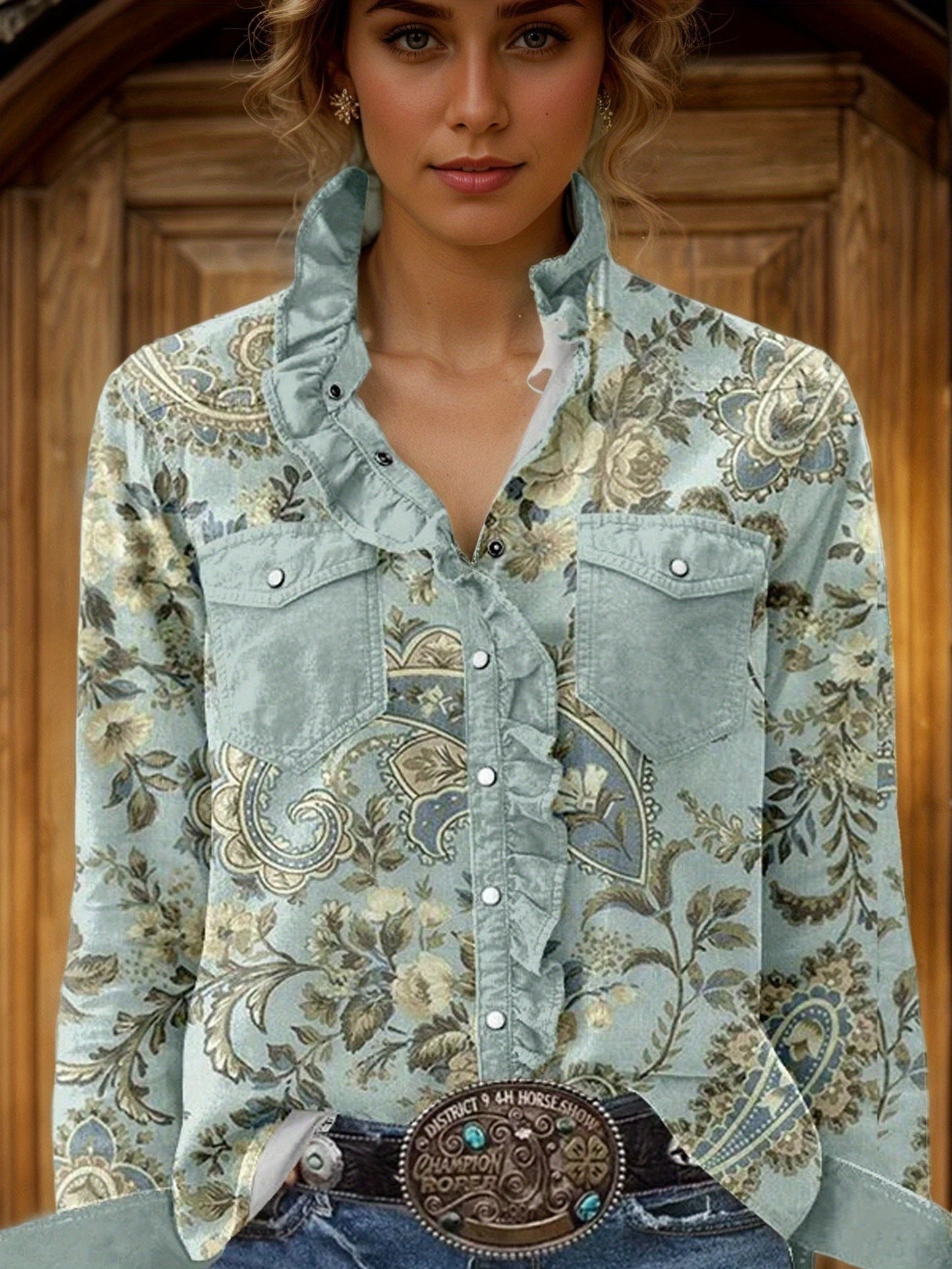 Women's Ruffle Trim Blouse - Collared Long Sleeve detail view