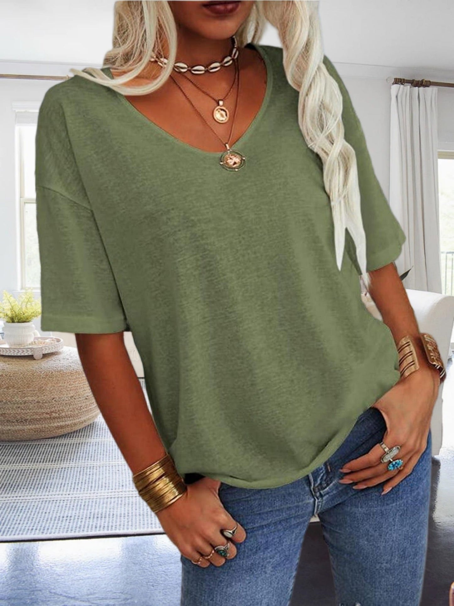Women's Solid Color Blouse - Relaxed Fit – V-Neck – view 16