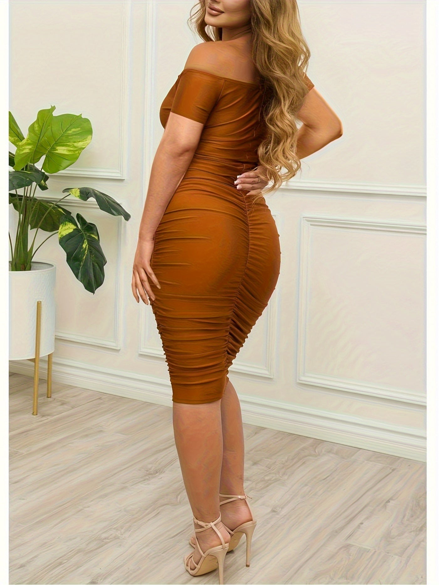 Women's Solid Off Shoulder Midi Bodycon Dress - Long Sleeve detail view