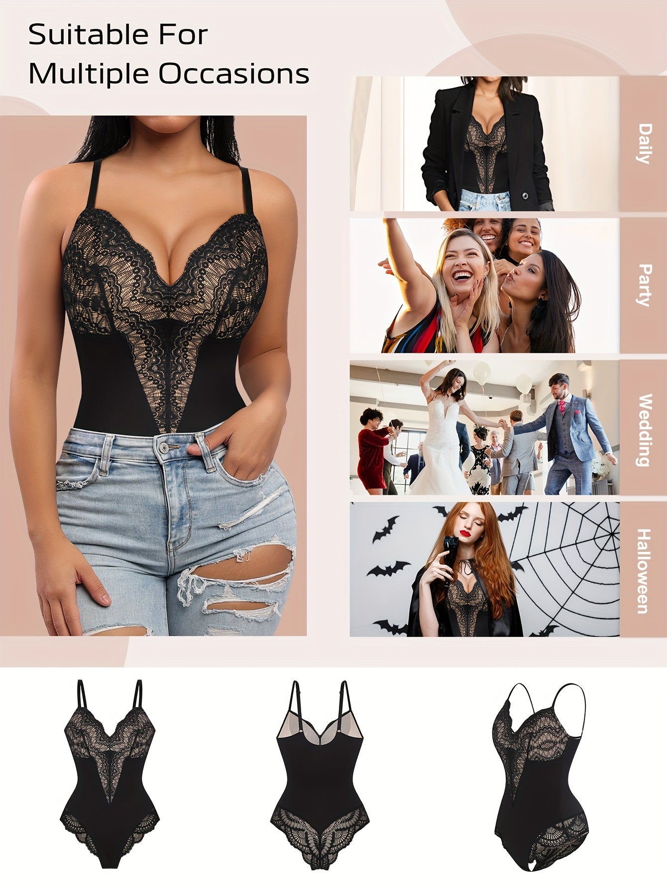 Women's Targeted Control Shapewear Bodysuit - Lace Body Smoothing, Black detail view