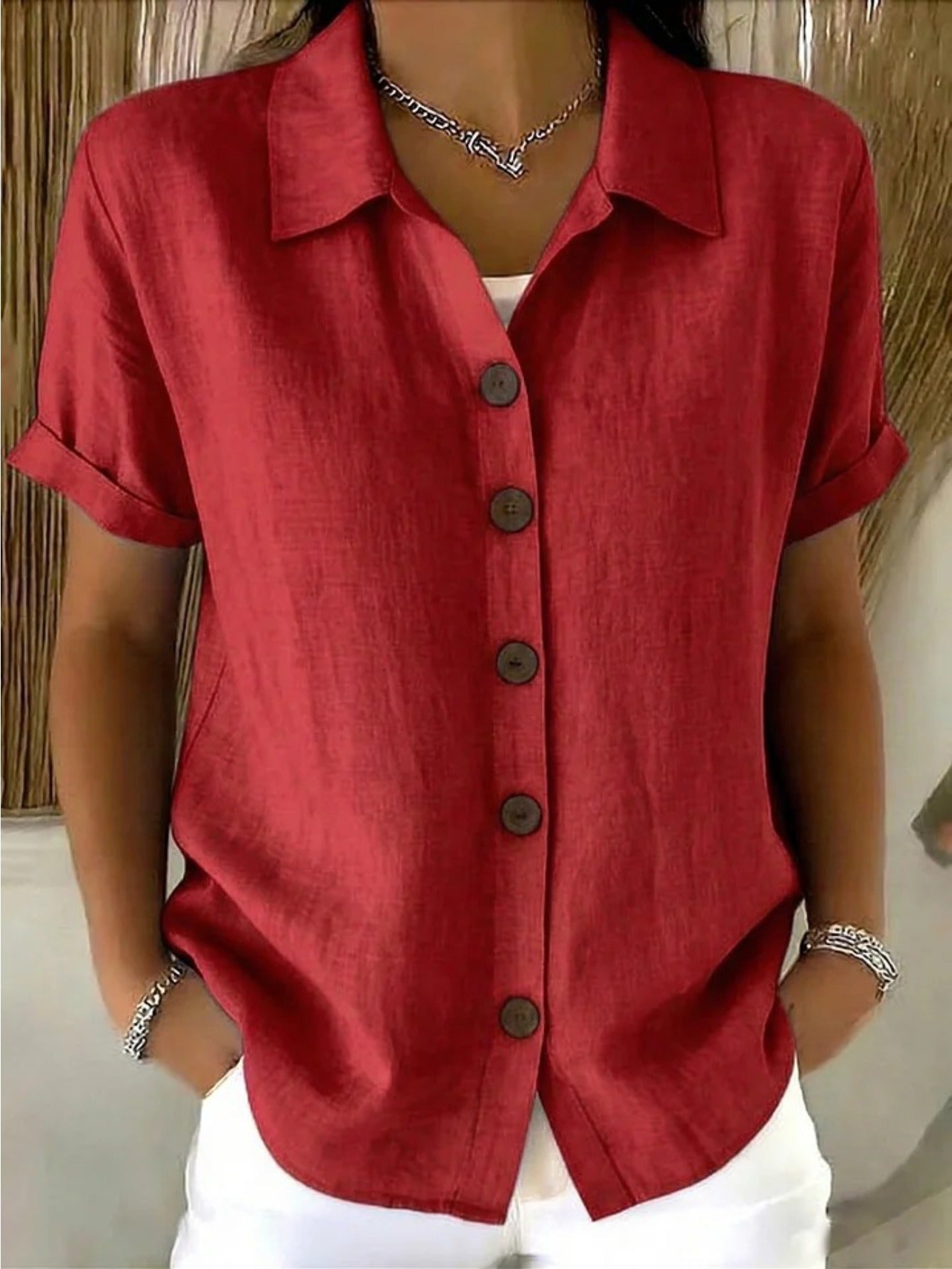 Women's Textured Blouse - Collared Short Sleeve detail view