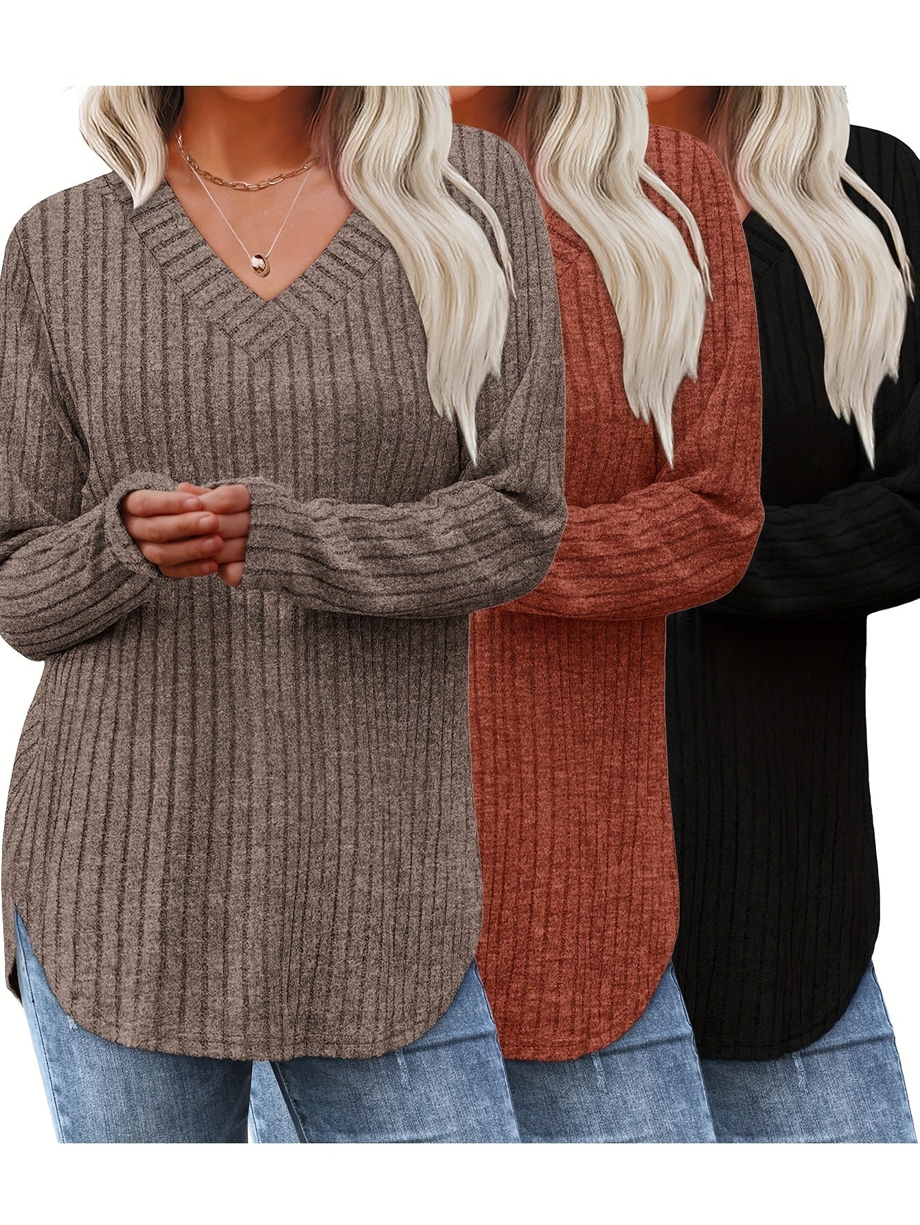 Women's Three-Piece Knit Top Set - V-Neck Layers detail view