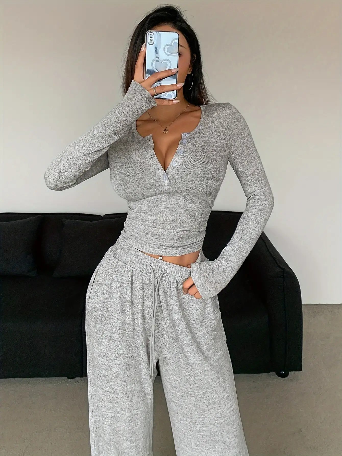 Women's Two-Piece Outfit Set - Wide-Leg – Light Grey – view 16