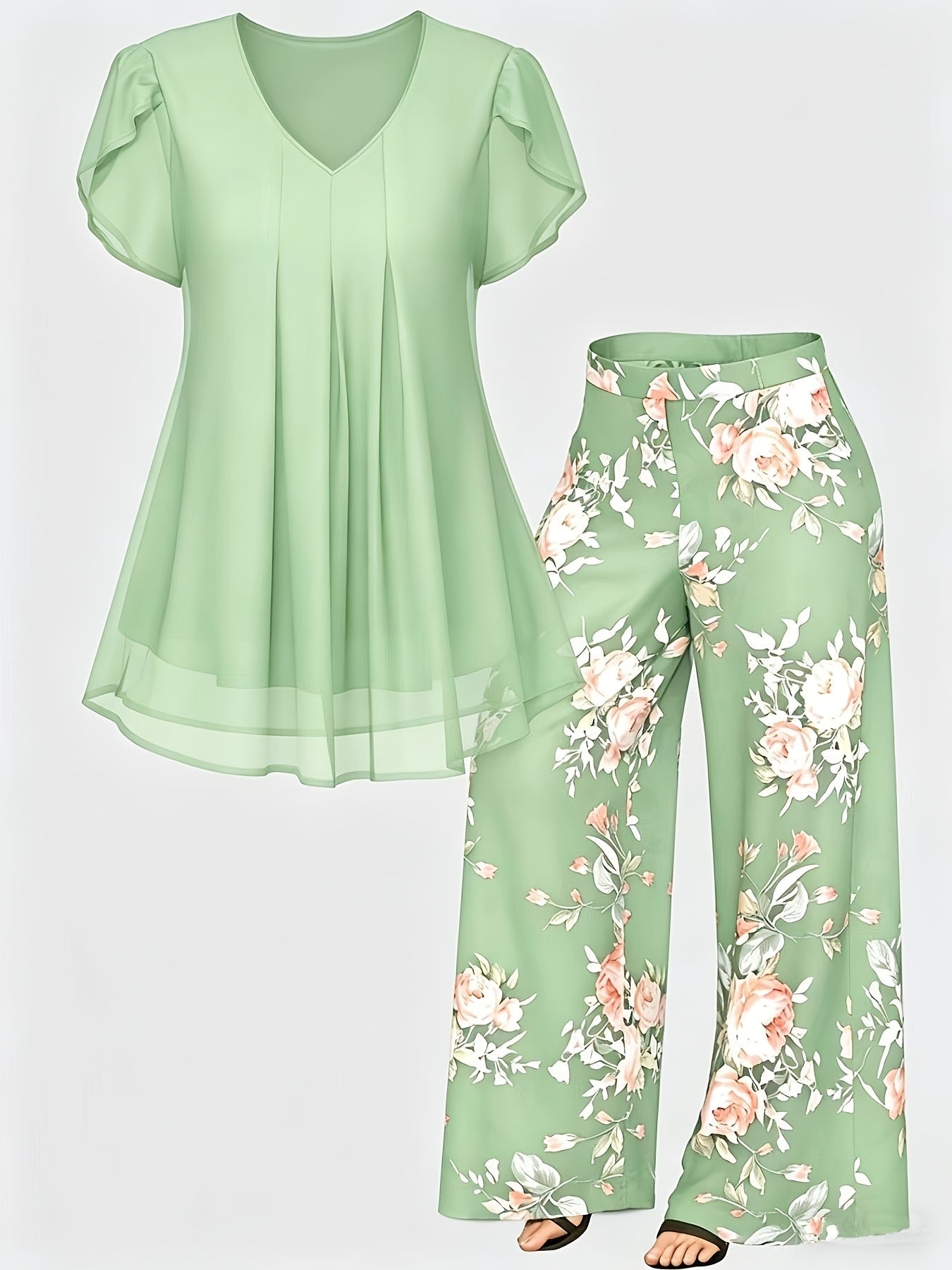 Women's Two-Piece Pants Set - Floral Print – Sizes 1XL–5XL – Black option – view 12