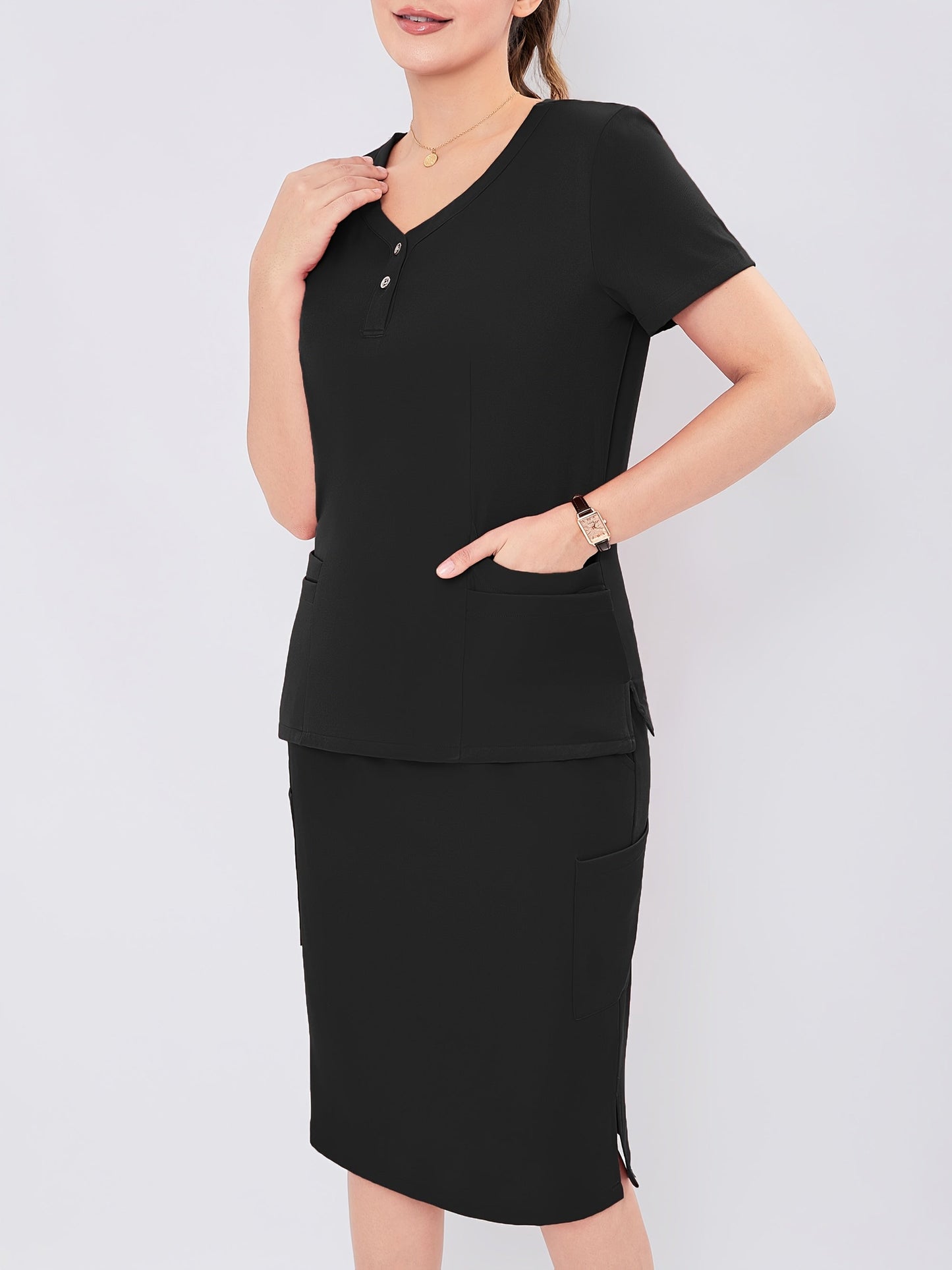 Women's V-Neck Scrub Skirt Set - Short Sleeve Pocket Uniform detail view