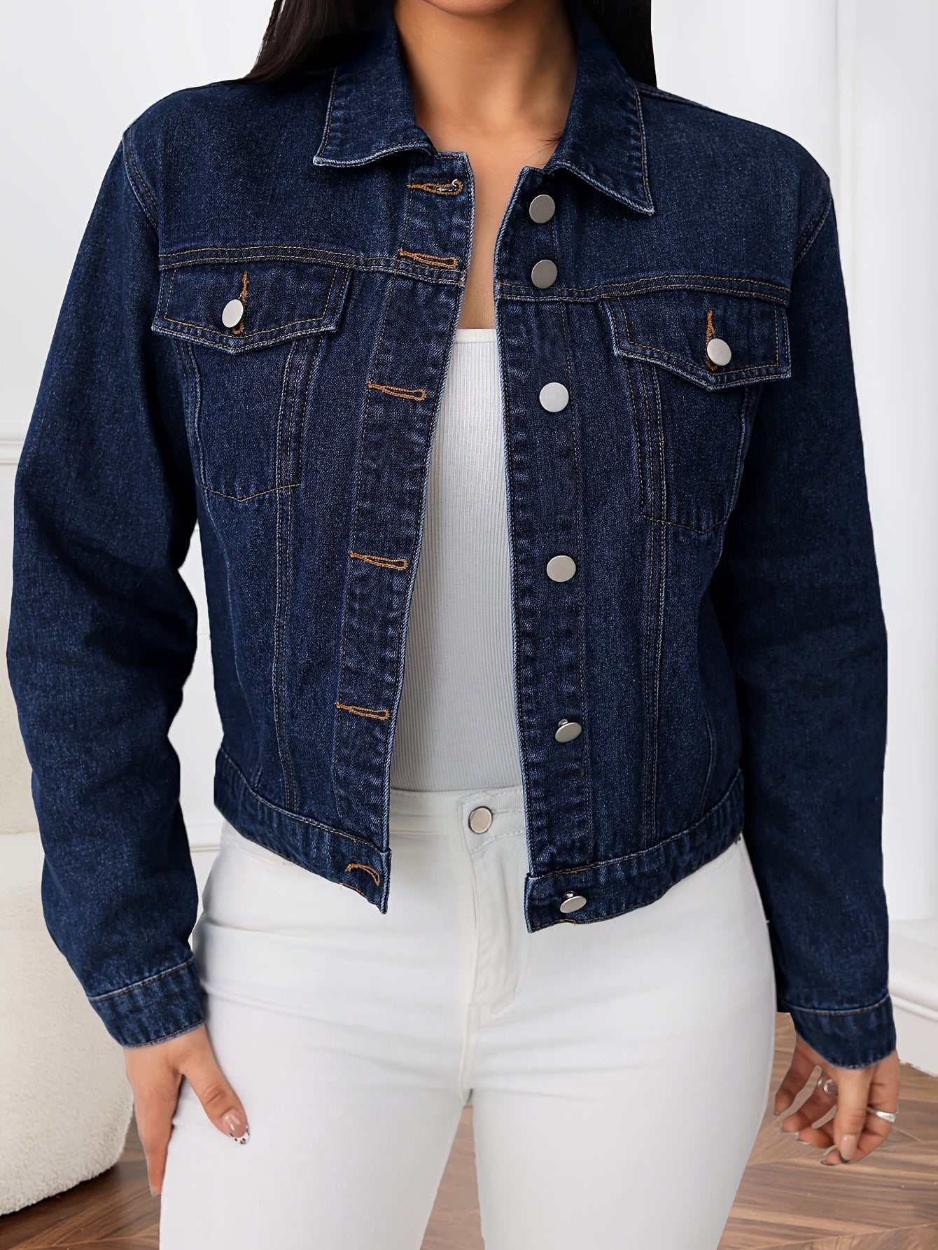 Women's Versatile Denim Button-Front Jacket – Medium Blue Long-Sleeve – view 6