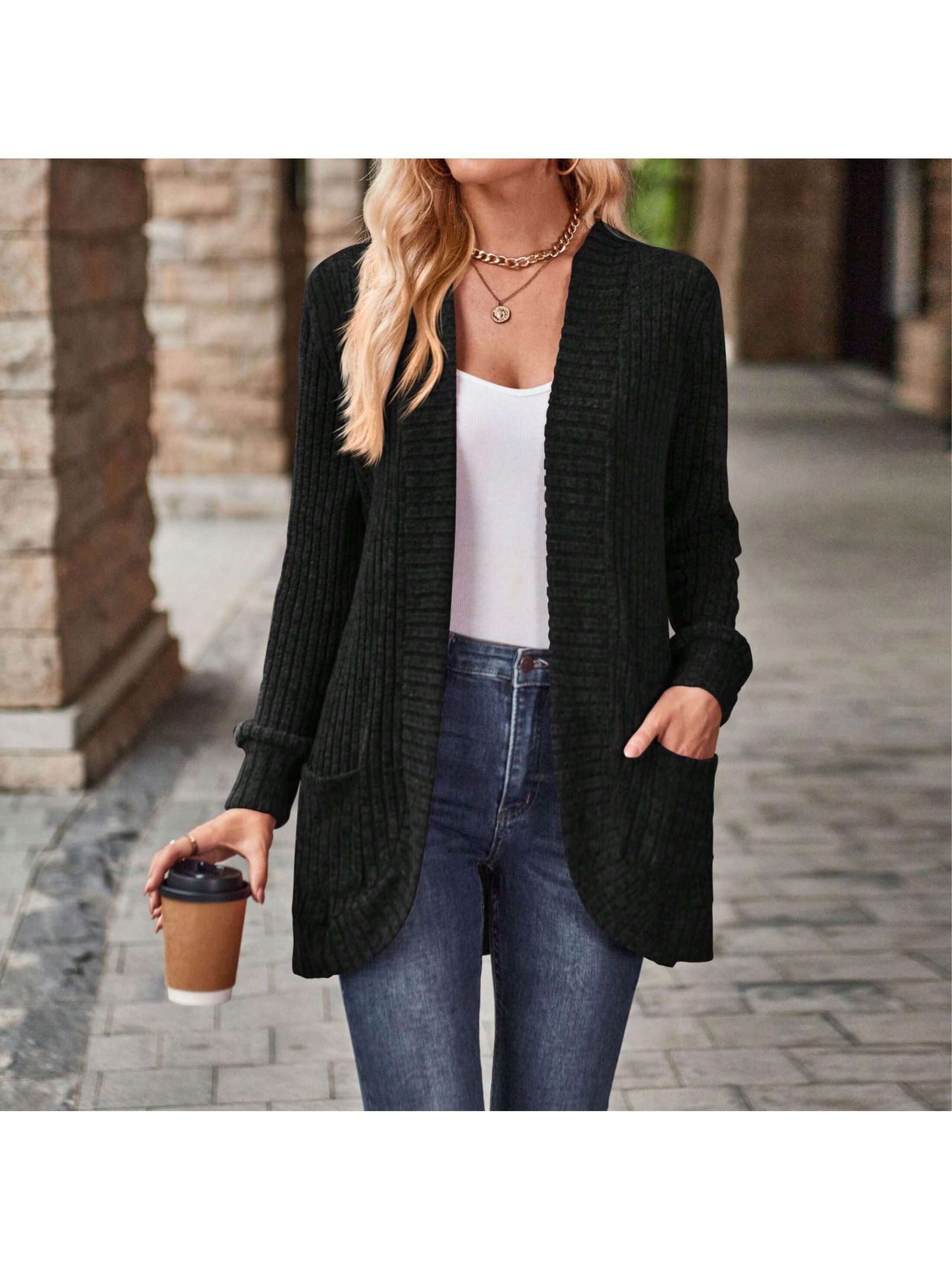 Women's Versatile Denim Open-Front Cardigan – Bronze / Black detail view