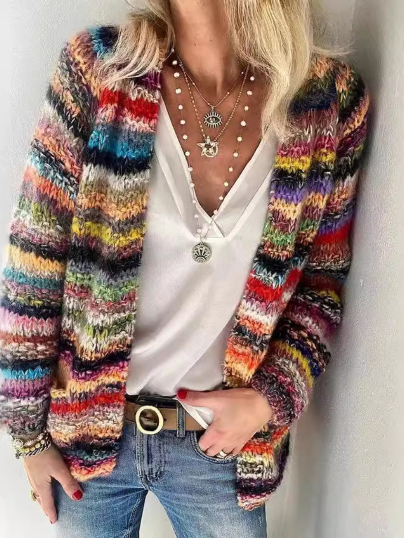 Women's Versatile Denim Open-Front Cardigan – Red / Blue – Red option – main product image
