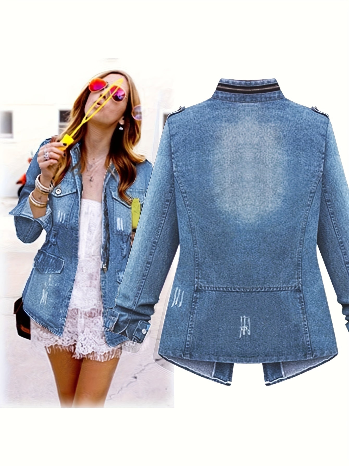 Women's Versatile Denim Pullover Jacket – Blue Denim Wash 99525 detail view
