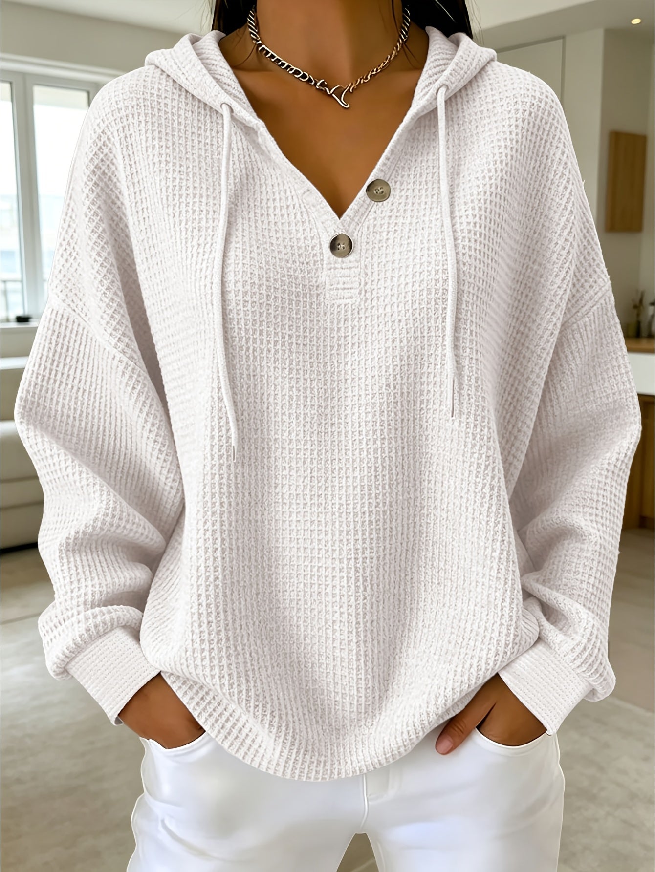 Women's Waffle V-Neck Hoodie - Button Front Travel Layer detail view