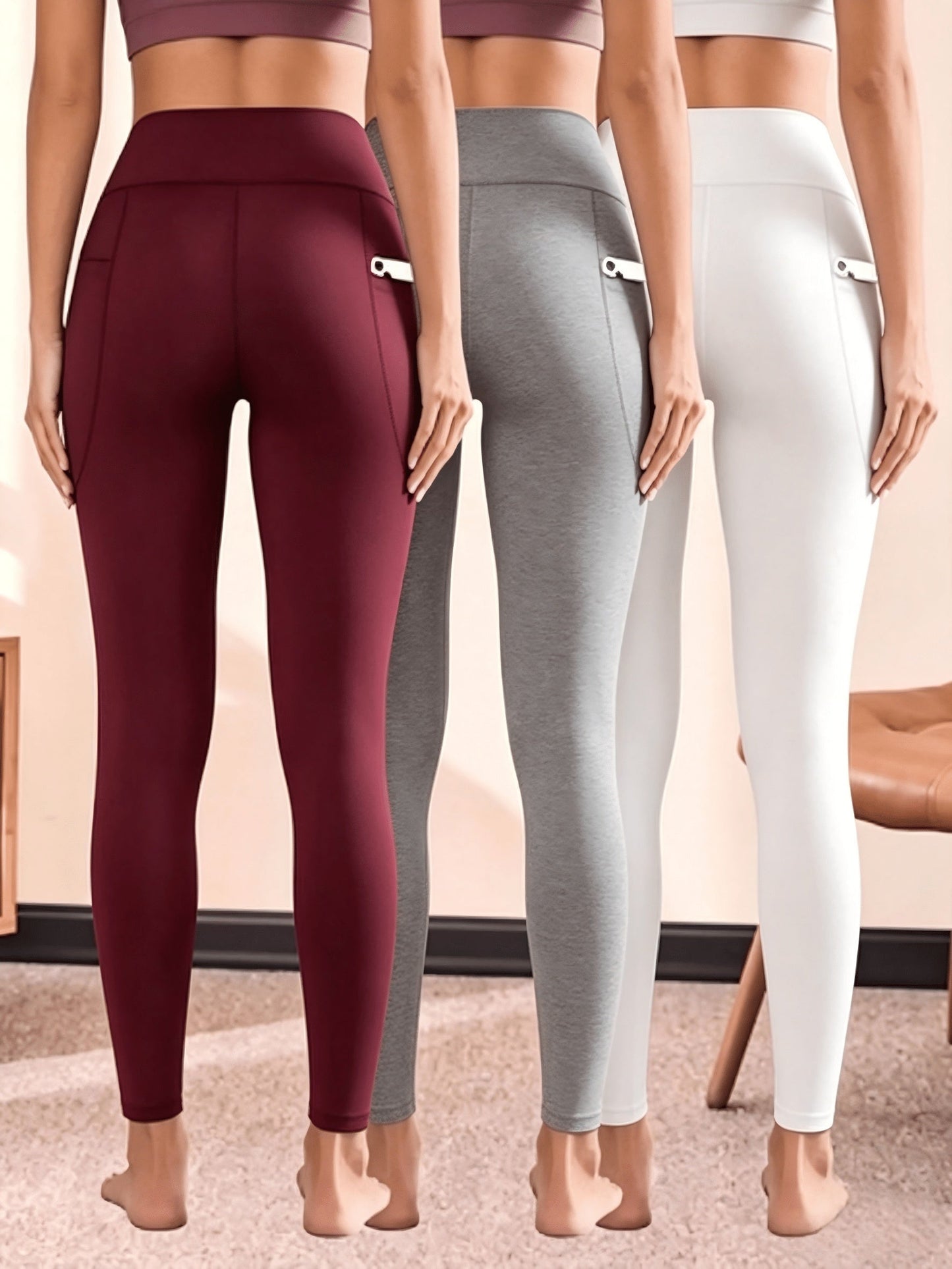 Women's Workout Leggings - Black And White + Black And White + Black And White Pockets detail view