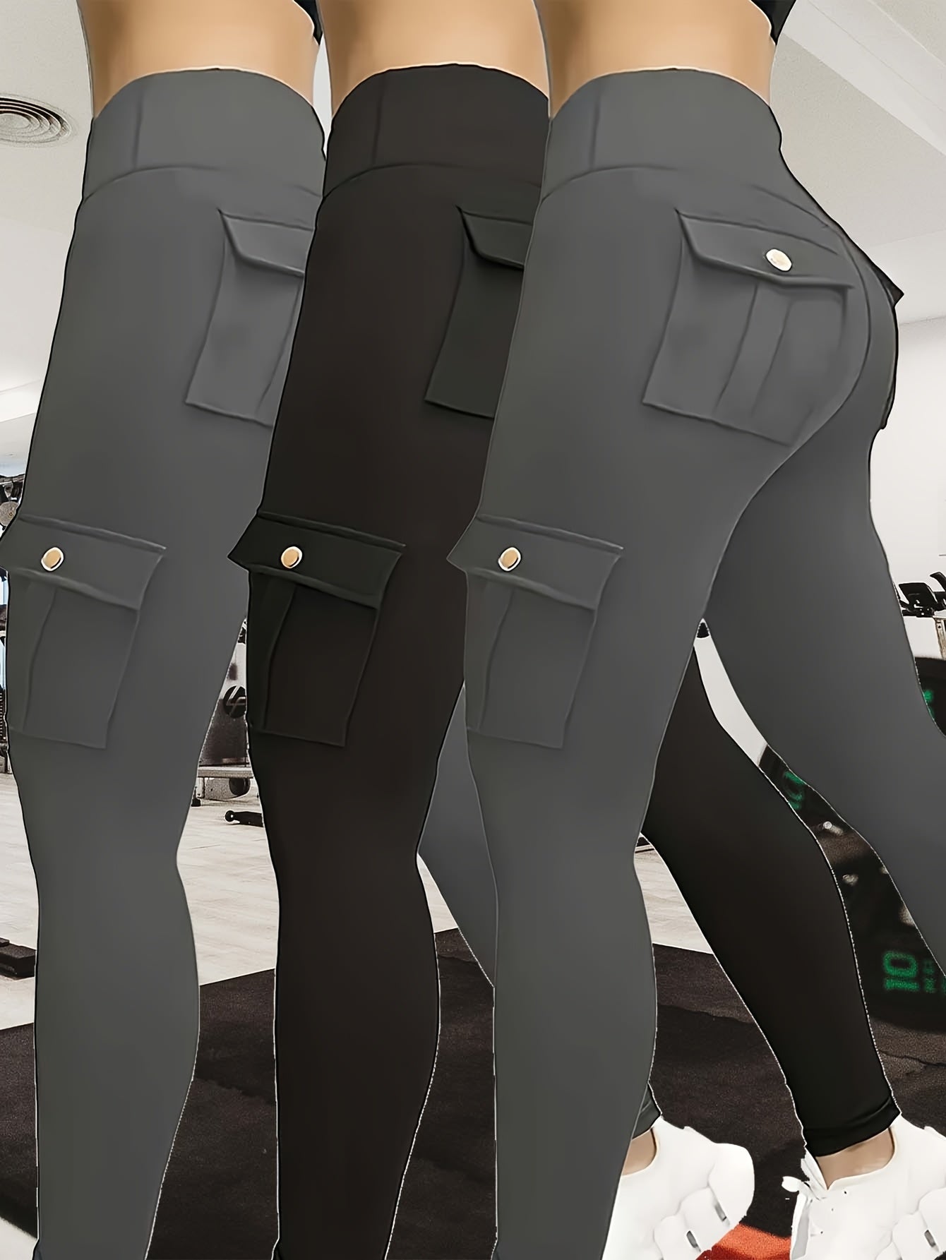 Women's Workout Leggings - Black+Gray+Green Pockets ā view 8