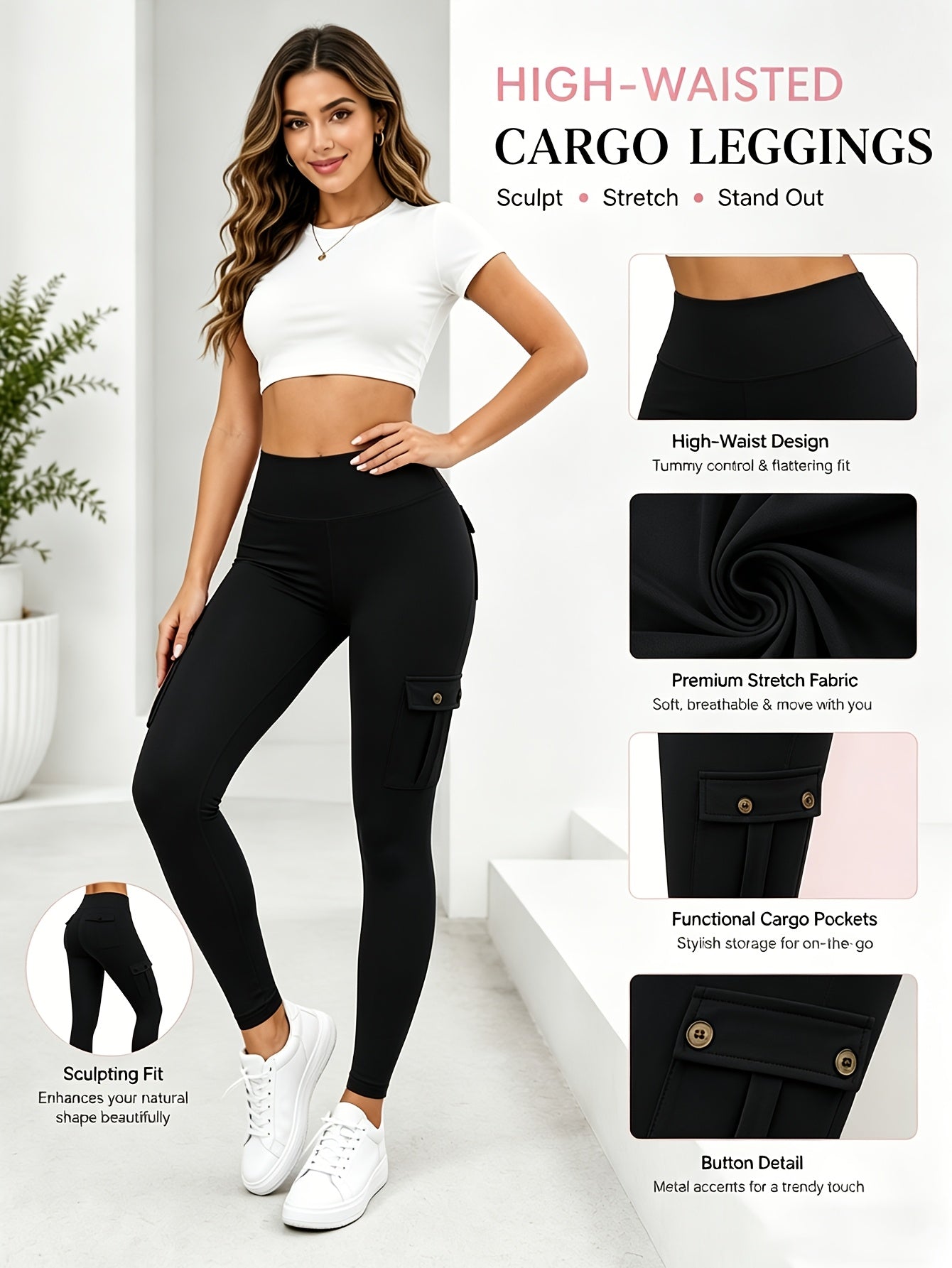 Women's Workout Leggings - Black + Pink + Blue + Red + Gray Pockets detail view