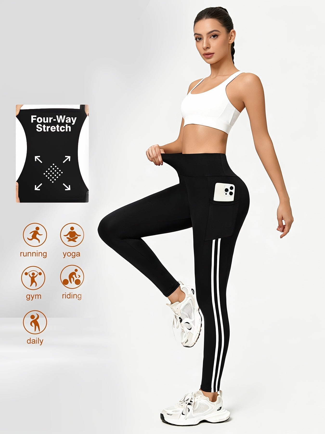 Women's Yoga Leggings 2-Pack - High Waist Double Stripe Pockets detail view