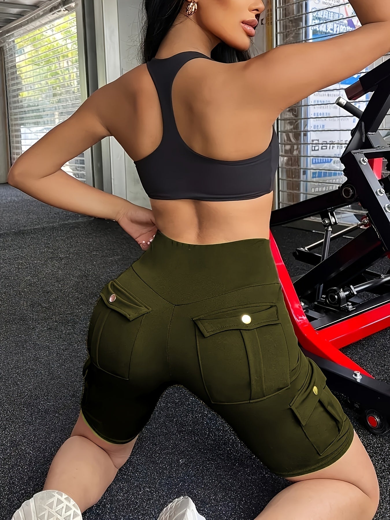 Women's Yoga Shorts - Navy Color Pockets – view 13
