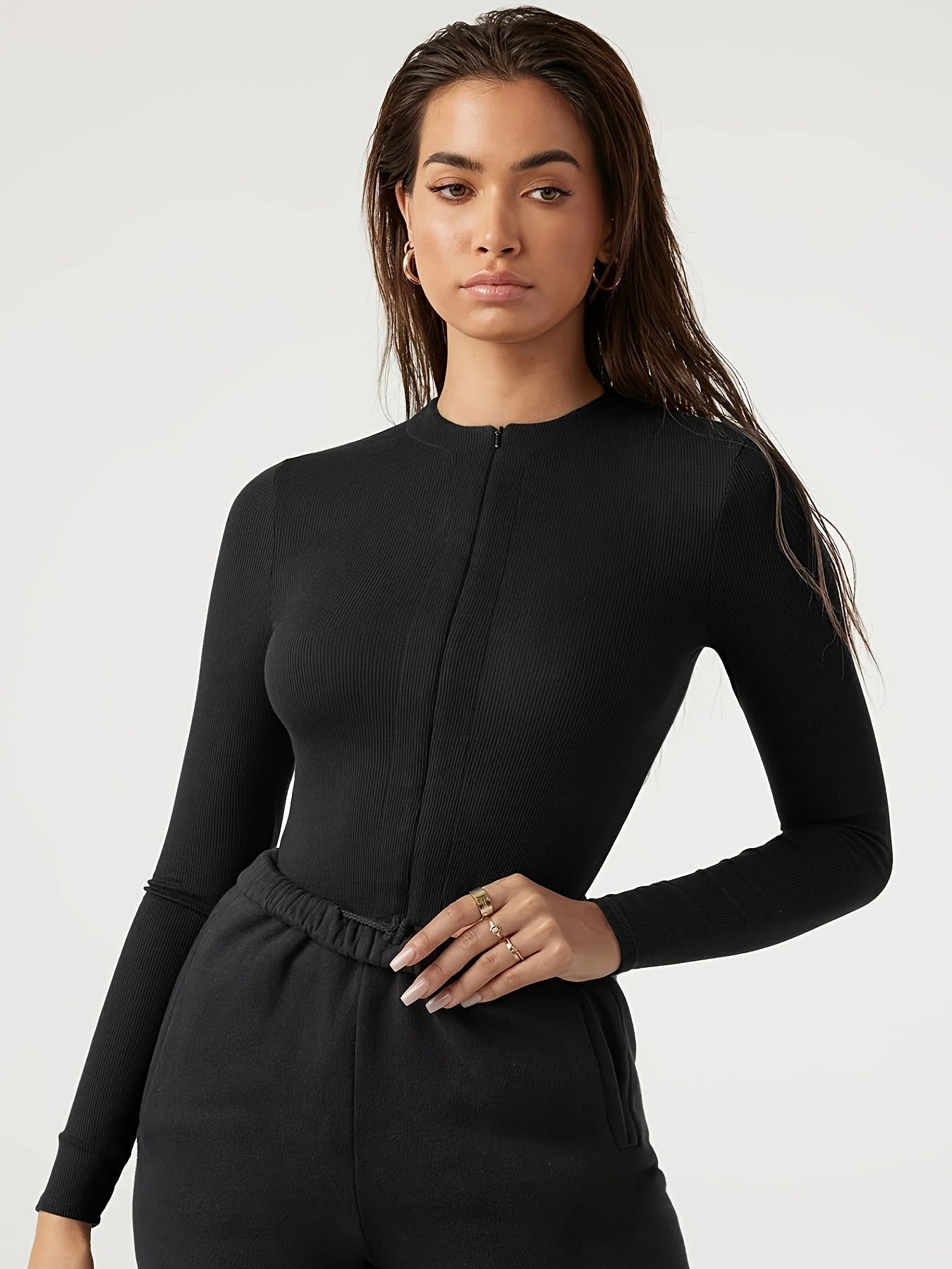 Women's Zip Front Bodysuit - Long Sleeve V-Neck – view 14