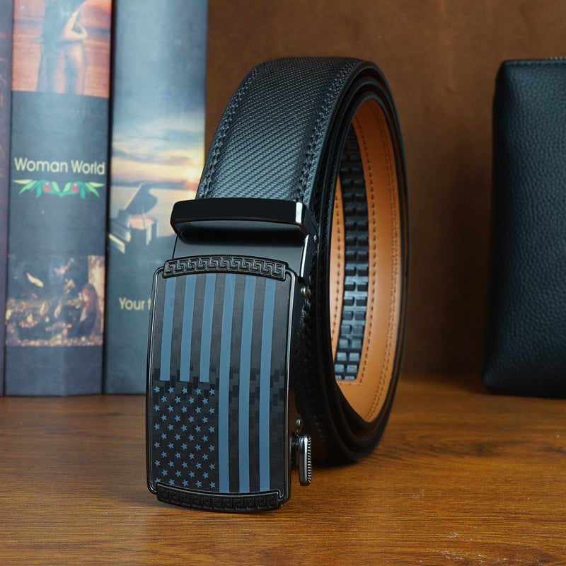 Men's Leather Belt Automatic Buckle Ratchet Belt - Adjustable Trim-to-Fit No Hole Dress Belt for Business Casual Formal Wear, Black & Brown, 110-130cm