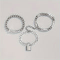 3pcs 925 Silver Exquisite Silvery Beaded Punk Bracelet Set with Lock Pendant