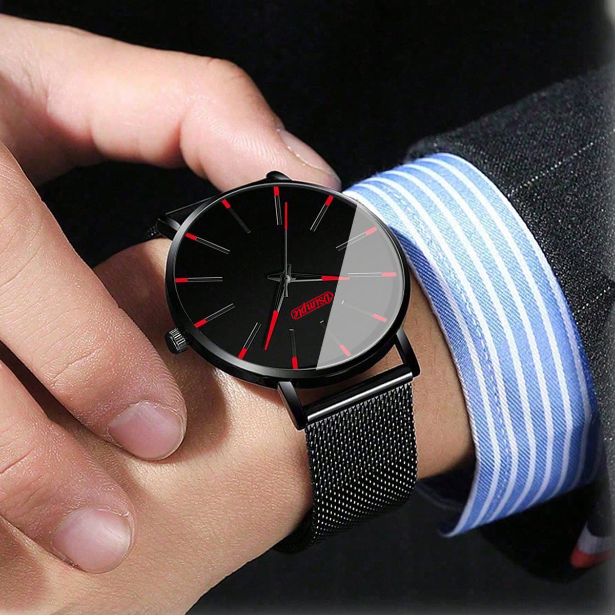 [Casual Business Special] 4pcs Men's Luxury Watch And Set - Quartz Analog Watch with Black And Red Hands, Matching Bracelet And Necklace, Analog/Digital-Like Sub-Dials - Low Voltage for Casual/Business/Special Occasions - Complete