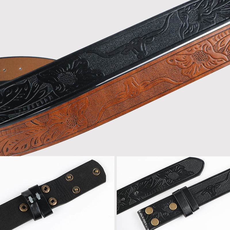2pcs Men'S Western Cowboy Faux Leather Belts with Bull Buckle | Durable Embossed Floral Design in Black & Brown - Perfect for Western Events, Parties & Gifts | Brand: VERSDO, Buckle Material: Zinc Alloy Golden