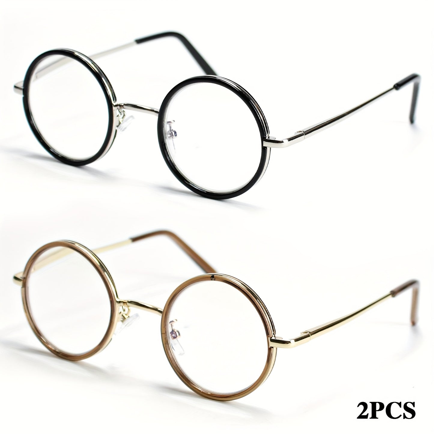 Reading Glasses 2 Pack Metal Round Frame Spring Hinge for Men Women – Lightweight Stylish Readers with Case & Cleaning Cloth, Tea Color Tawny Brown, Strength +100 to +400