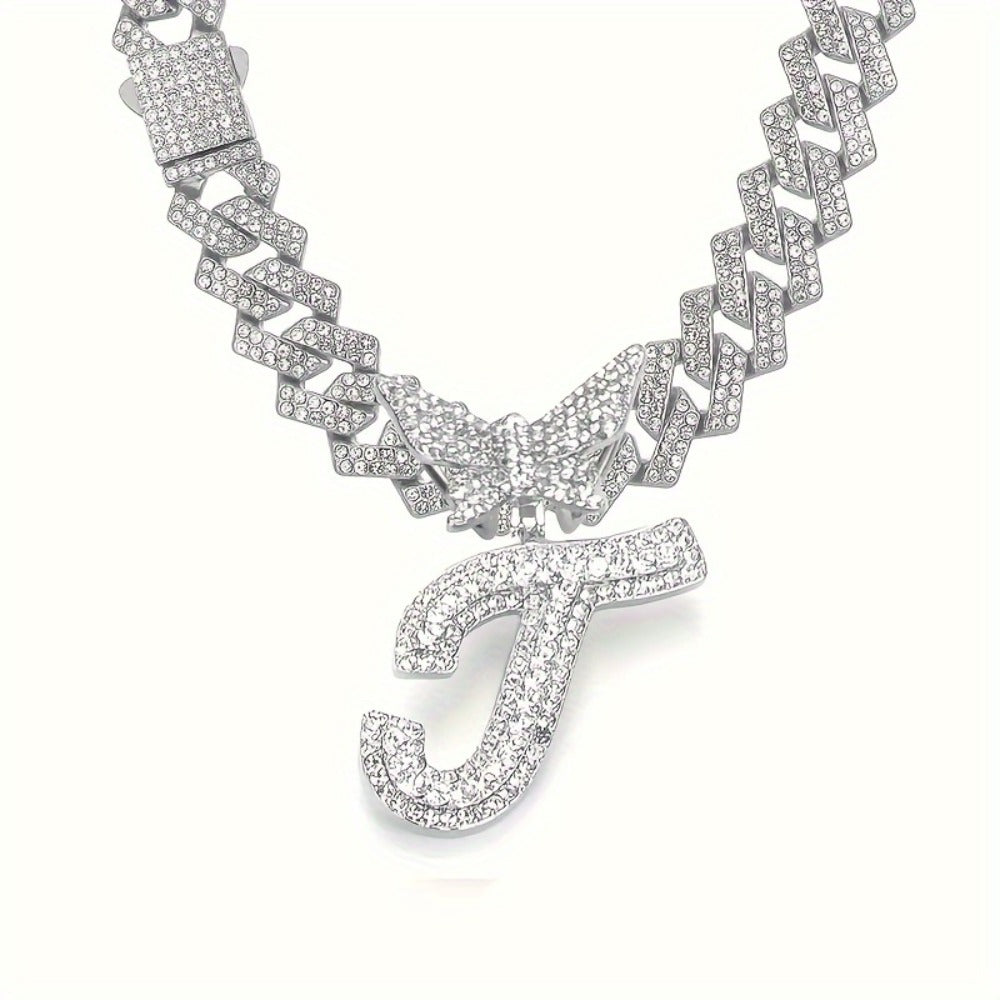 Cuban Link Chain Necklace - Initial Letter for Men Women - with Butterfly Alphabet Pendant A-Z, Gold & - product detail view