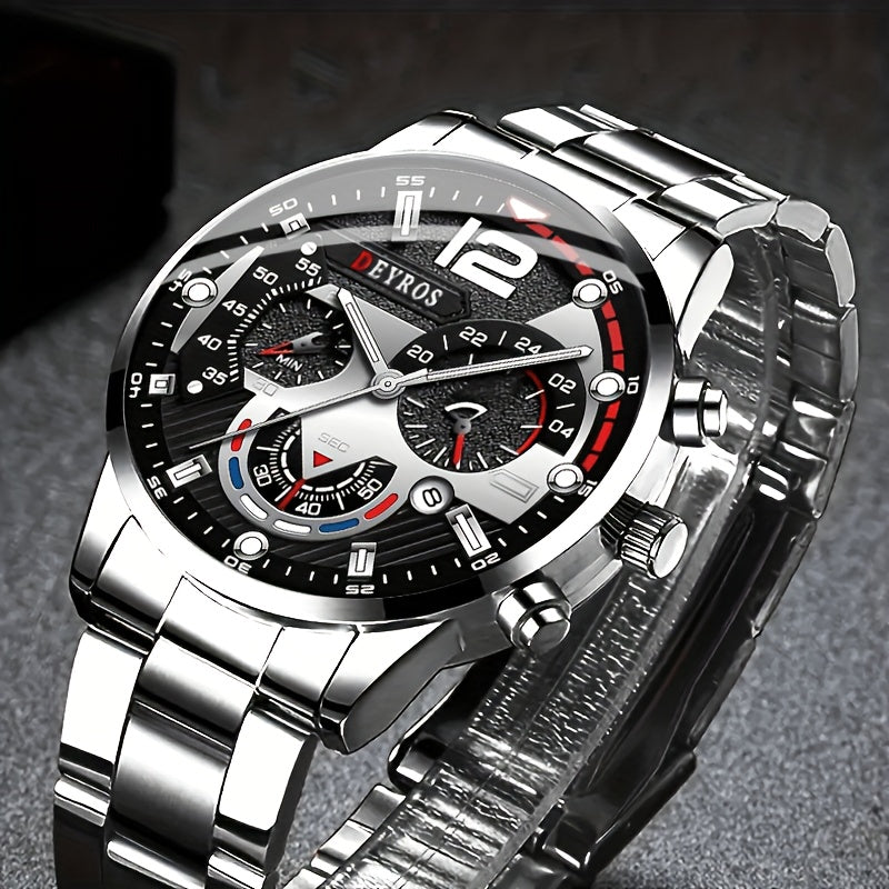 Men's Analog Quartz Watch Set 3pcs – Wristwatch, Matching Necklace & Bracelet Combo for Daily Wear, Elegant Fashion Accessory Gift for Him