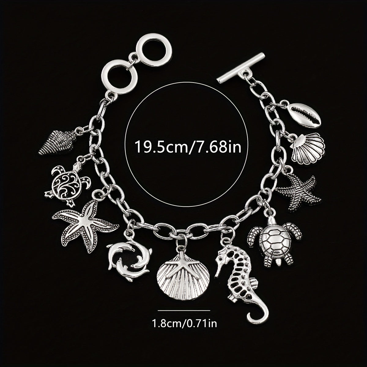 Ocean Charm Bracelet 925 Sterling Silver Marine Animal Pendant Chain Bracelet Seahorse Turtle Dolphin Starfish Conch Beach Jewelry Friendship Gift Women