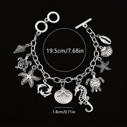 Ocean Charm Bracelet 925 Sterling Silver Marine Animal Pendant Chain Bracelet Seahorse Turtle Dolphin Starfish Conch Beach Jewelry Friendship Gift Women