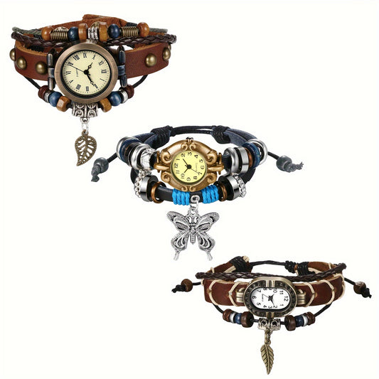 Vintage Casual Ethnic Analog Quartz Watch, Faux Leather Cord Multi-Layer Wrap Bracelet Watch with Pendant for Women, Christmas Birthday Gift